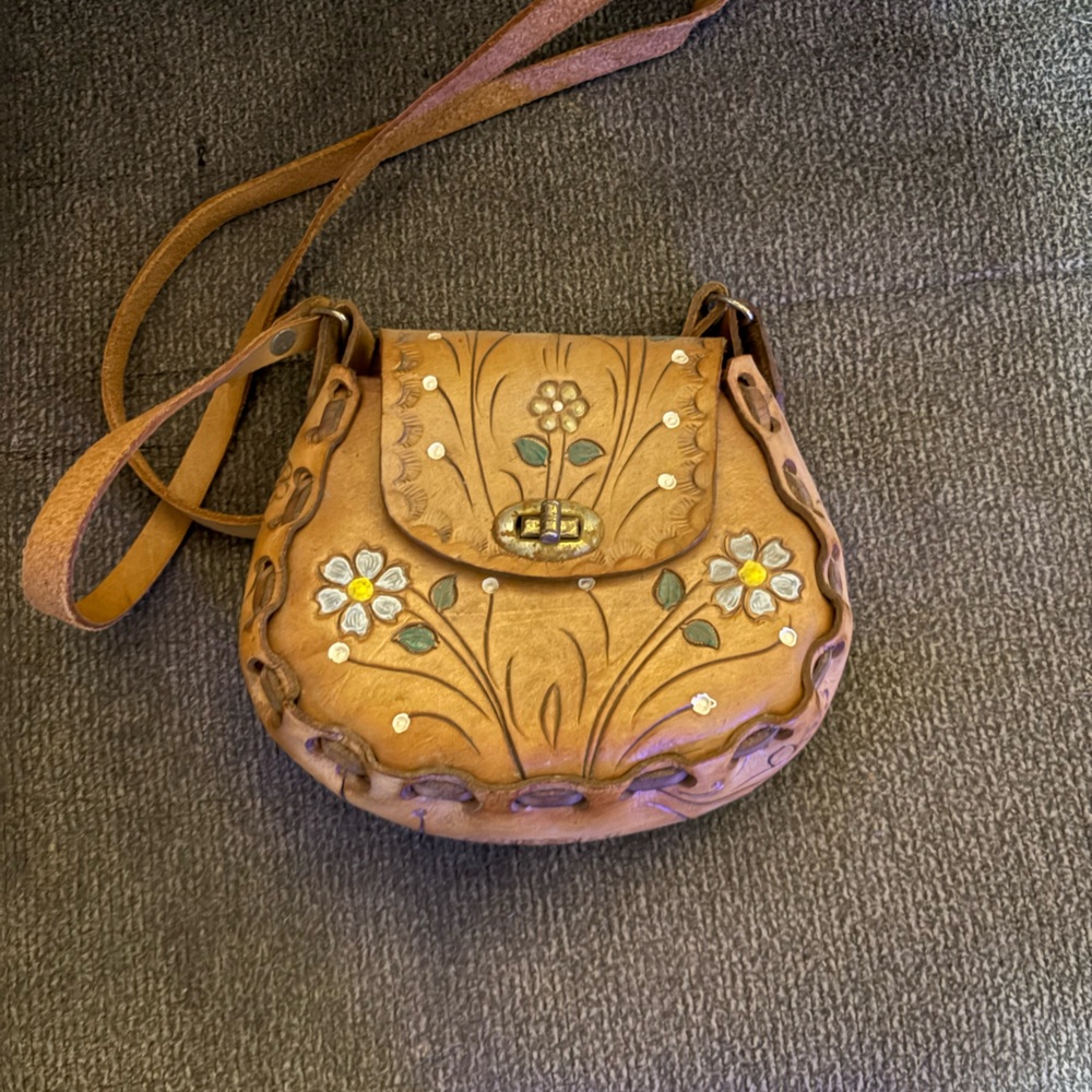 Handcrafted Tan Leather Floral Women Bag